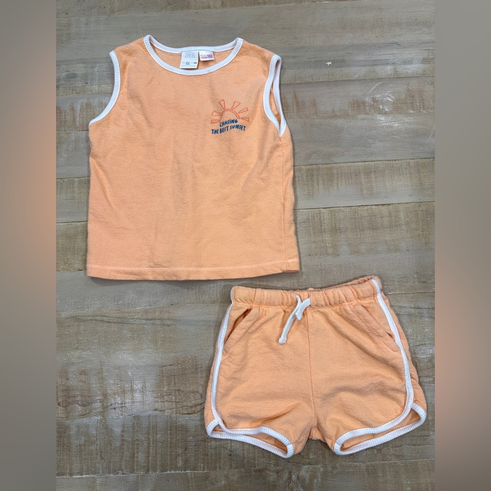 Zara kids chasing the best sunset orange Terry cloth 2 piece tank and shorts